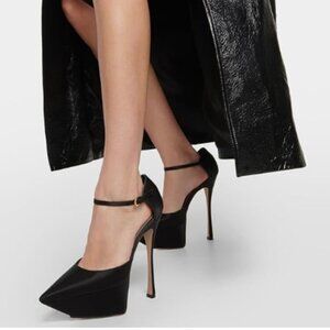 FSJ Black Satin Platform Stiletto Heel Ankle Strap Pumps Pointed Toe Dress Shoes